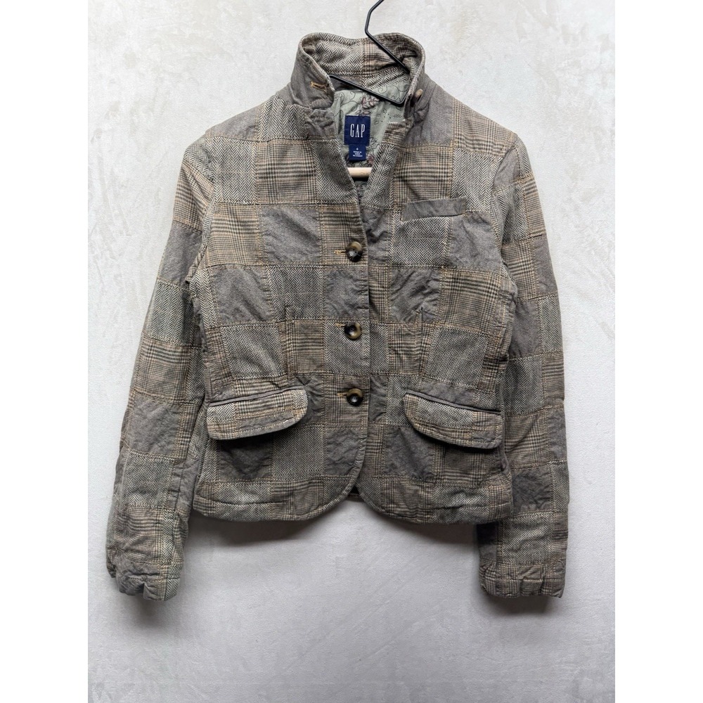 Vintage Gap Plaid Patchwork Blazer Jacket Women's 0 Herringbone Houndstooth Y2K